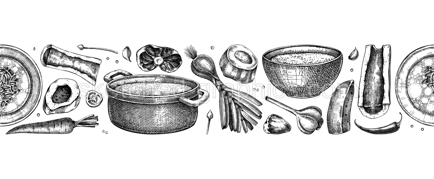 Healthy food background. Marrow bone broth border. Hot soup on plates, pans, bowls, organ meat, vegetables, marrow bones sketches. Hand drawn vector illustrations. Homemade food seamless pattern Illustration